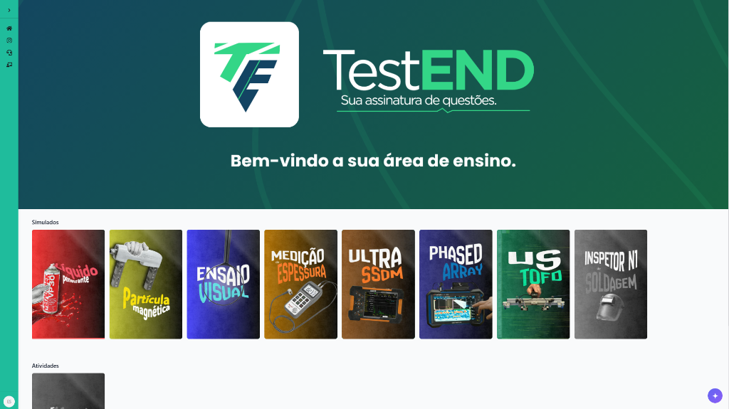 Área de Ensino da Plataforma TEST END com módulos de Ensaios Não Destrutivos